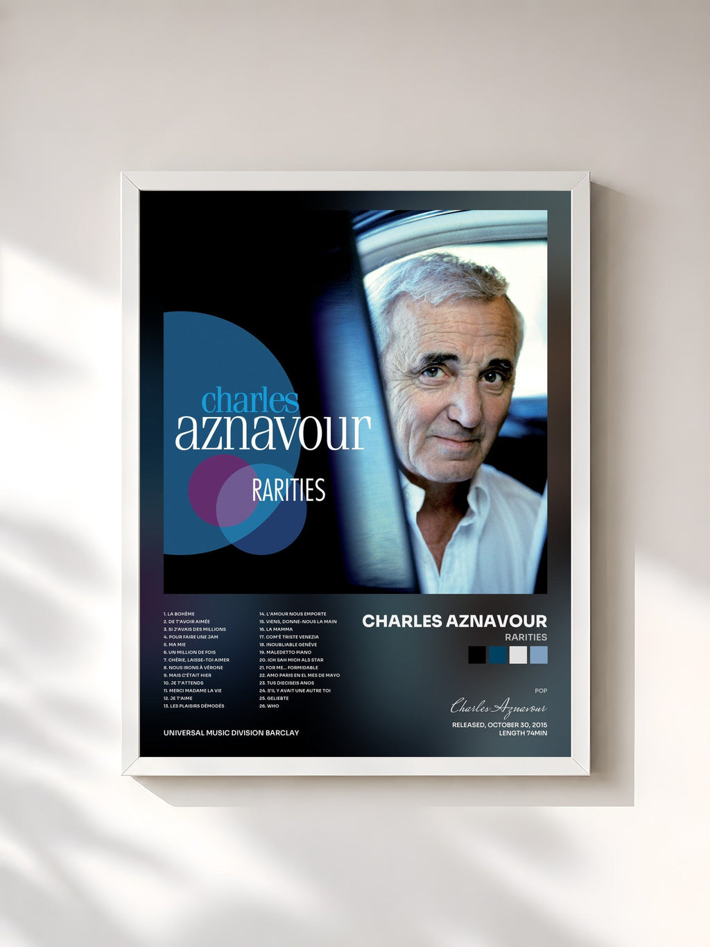 #blanc Rarities de Charles Aznavour en lámina enmarcada, marco blanco, impresa y enmarcada en Francia