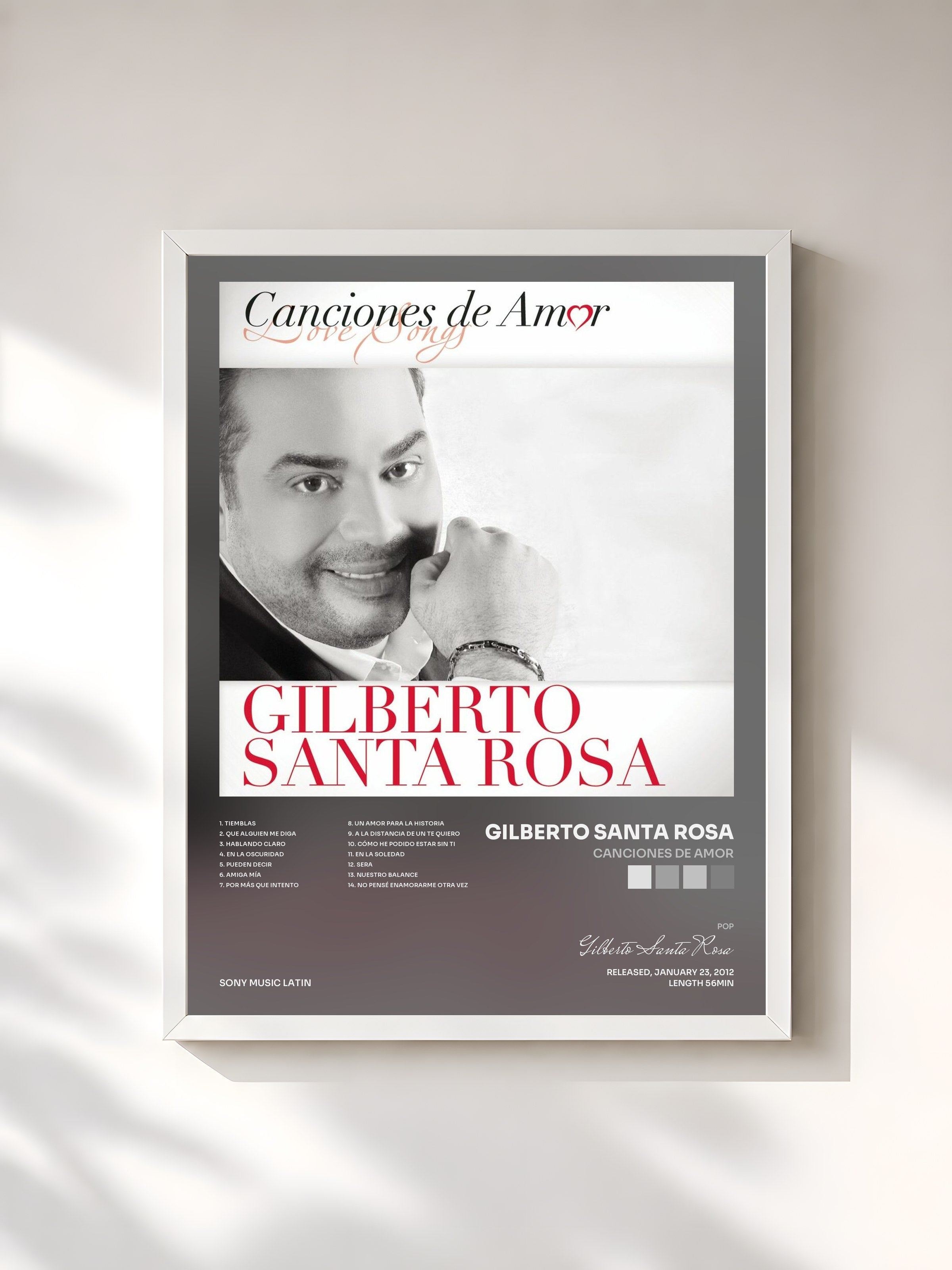 #blanc Tableau de l'album Canciones De Amor de Gilberto Santa Rosa, cadre blanc, imprimé et encadré en France