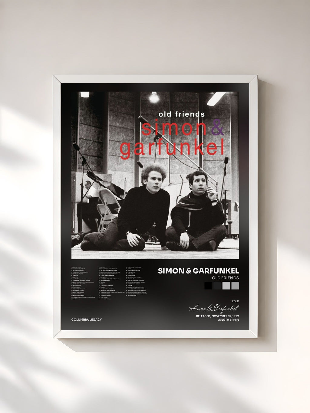 #blanc Tableau de l'album Old Friends de Simon & Garfunkel, cadre blanc, imprimé et encadré en France