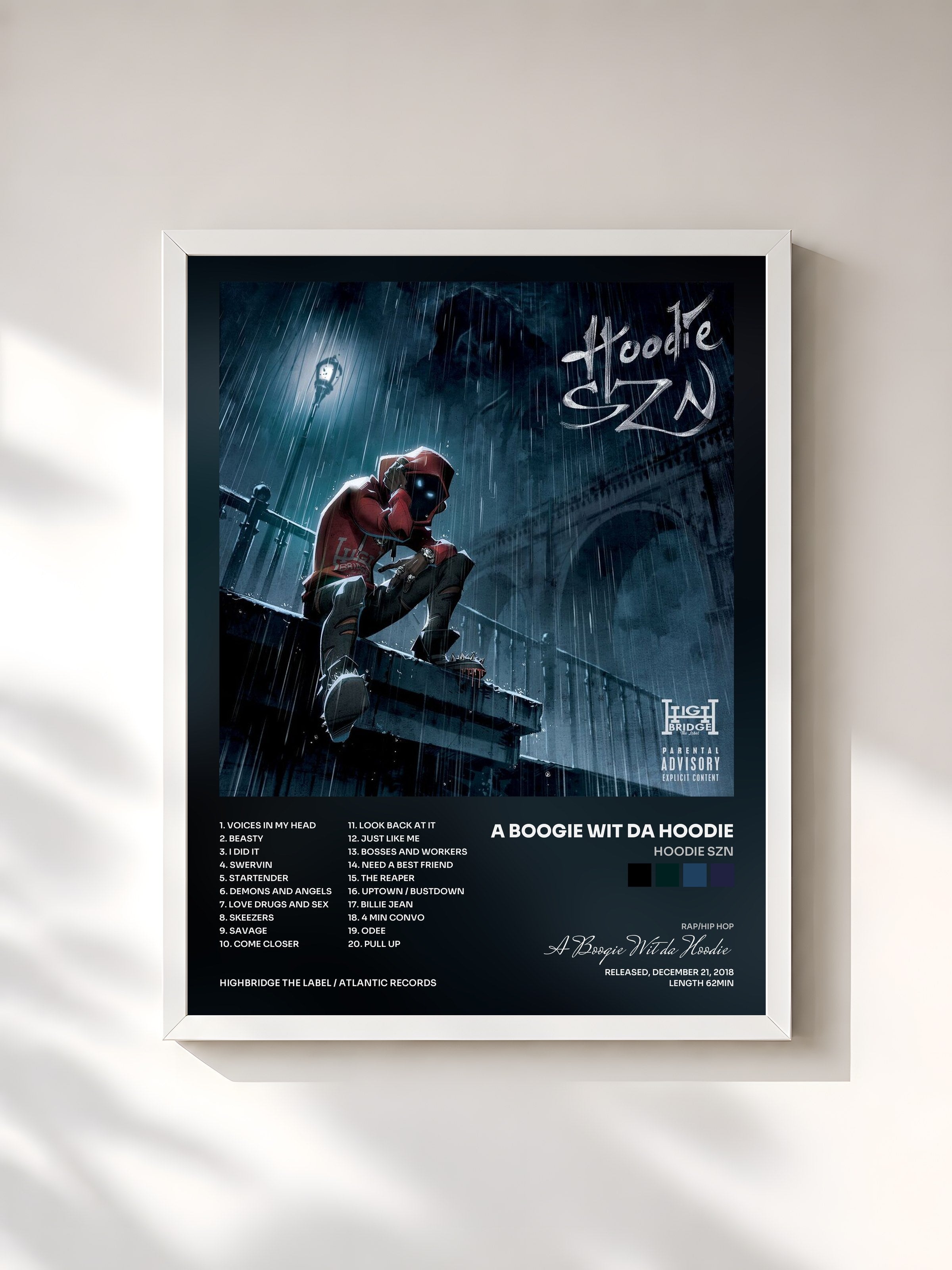 #blanc Hoodie SZN by A Boogie Wit da Hoodie as a framed art print, white frame, printed and framed in France