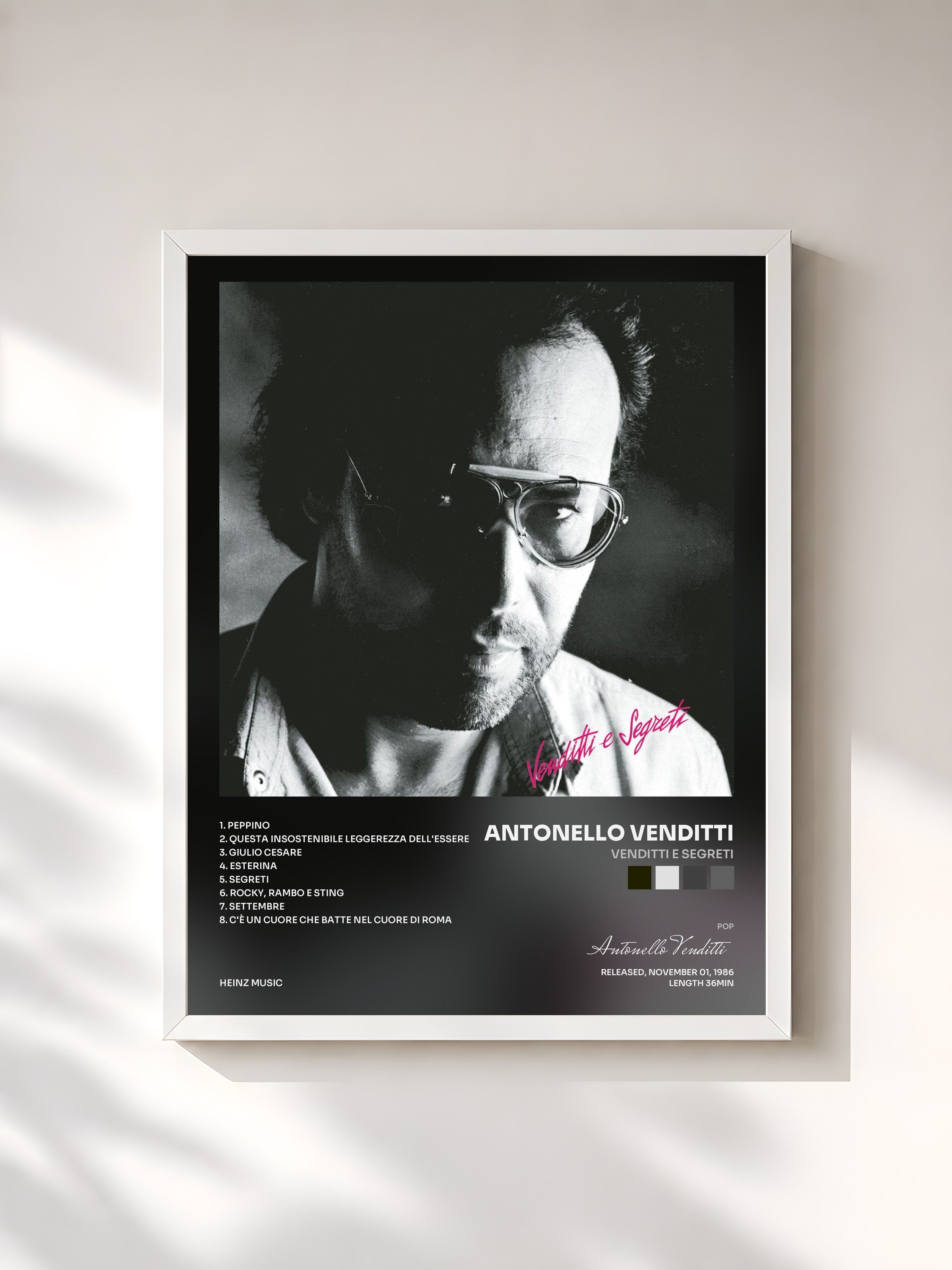 #blanc Tableau de l'album Venditti E Segreti de Antonello Venditti, cadre blanc, imprimé et encadré en France