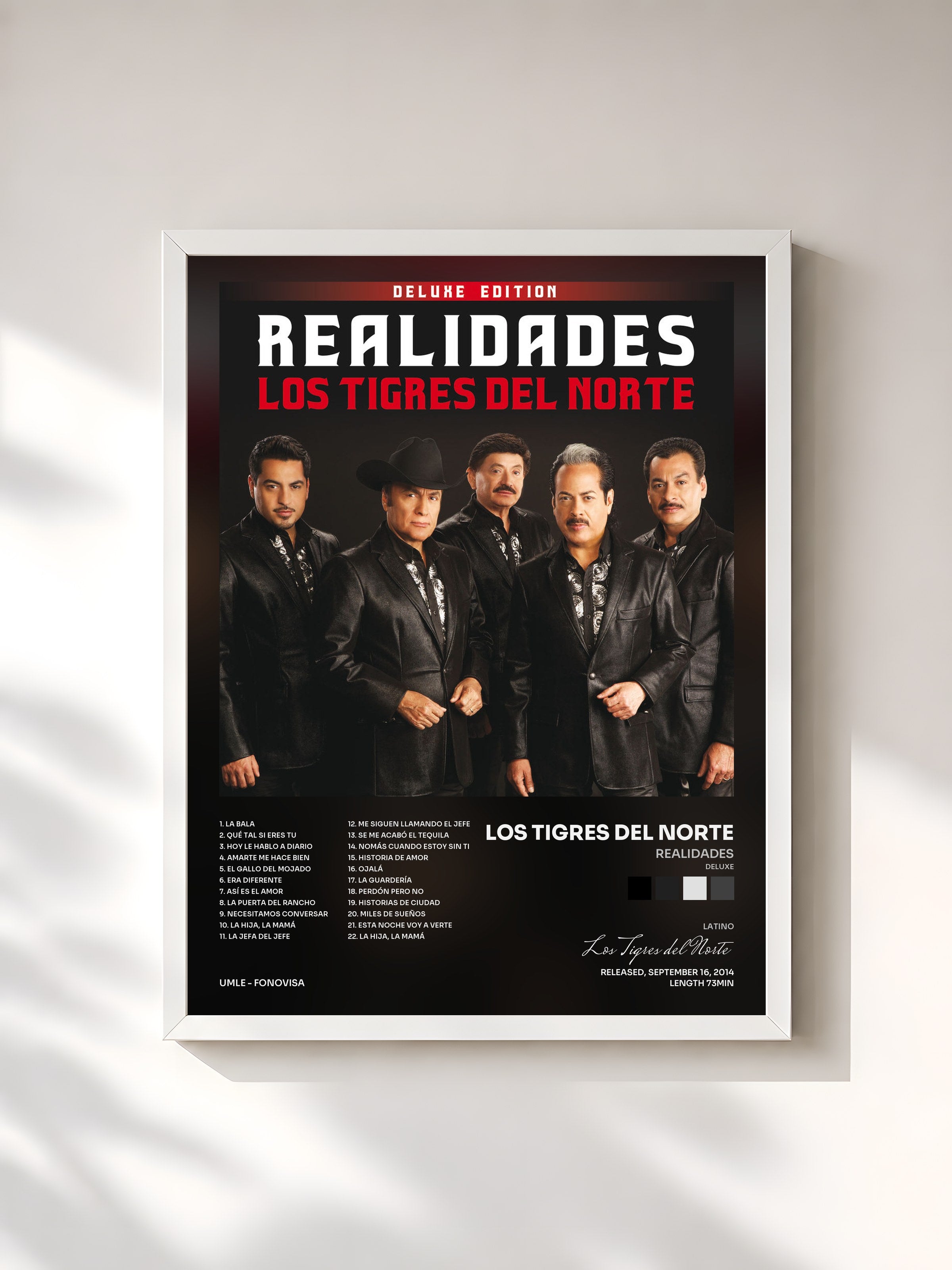 #blanc Tableau de l'album Realidades (Deluxe) de Los Tigres del Norte, cadre blanc, imprimé et encadré en France