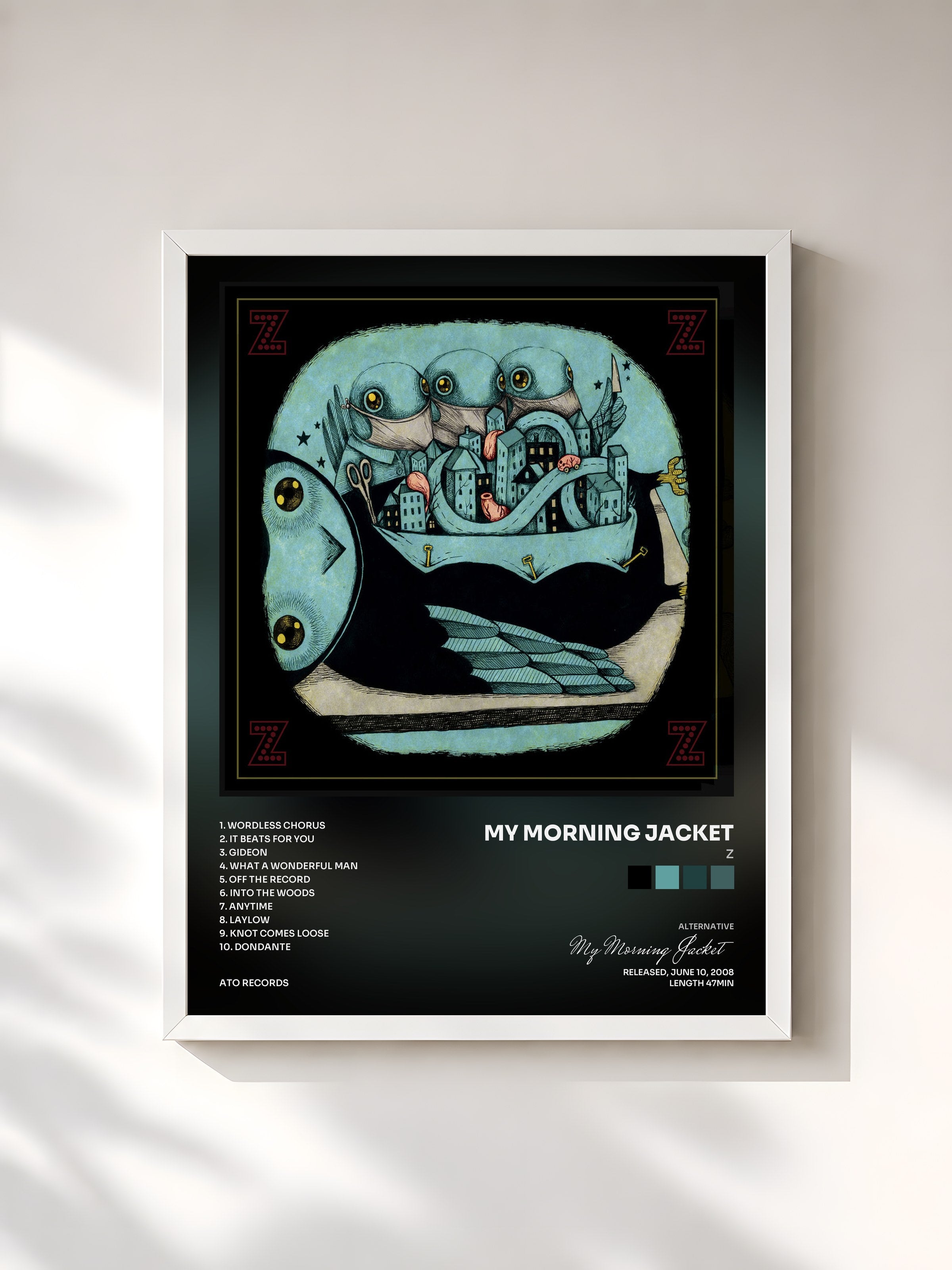 #blanc Tableau de l'album Z de My Morning Jacket, cadre blanc, imprimé et encadré en France