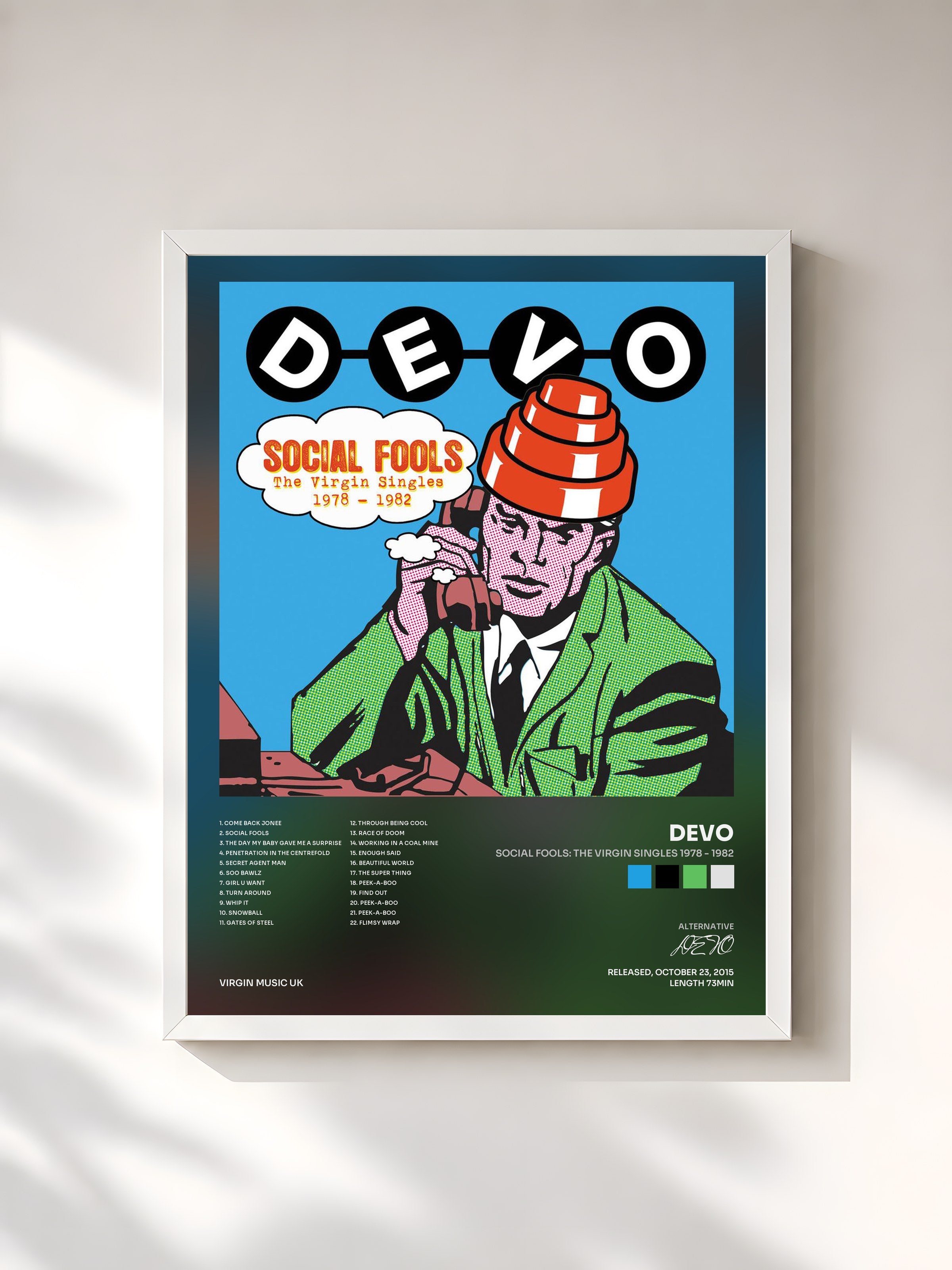 #blanc Tableau de l'album Social Fools: The Virgin Singles 1978 - 1982 de DEVO, cadre blanc, imprimé et encadré en France