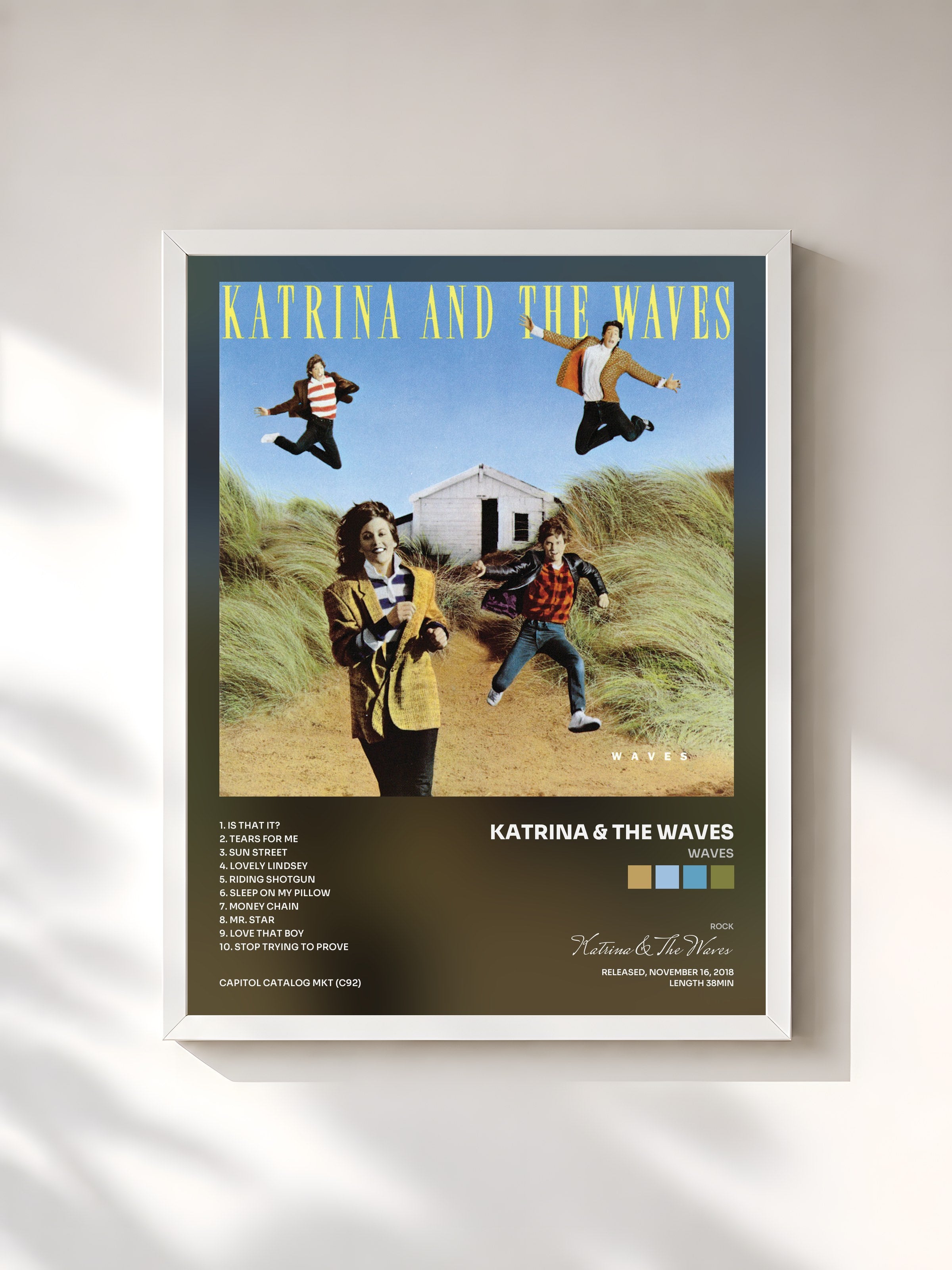 #blanc Tableau de l'album Waves de Katrina & The Waves, cadre blanc, imprimé et encadré en France