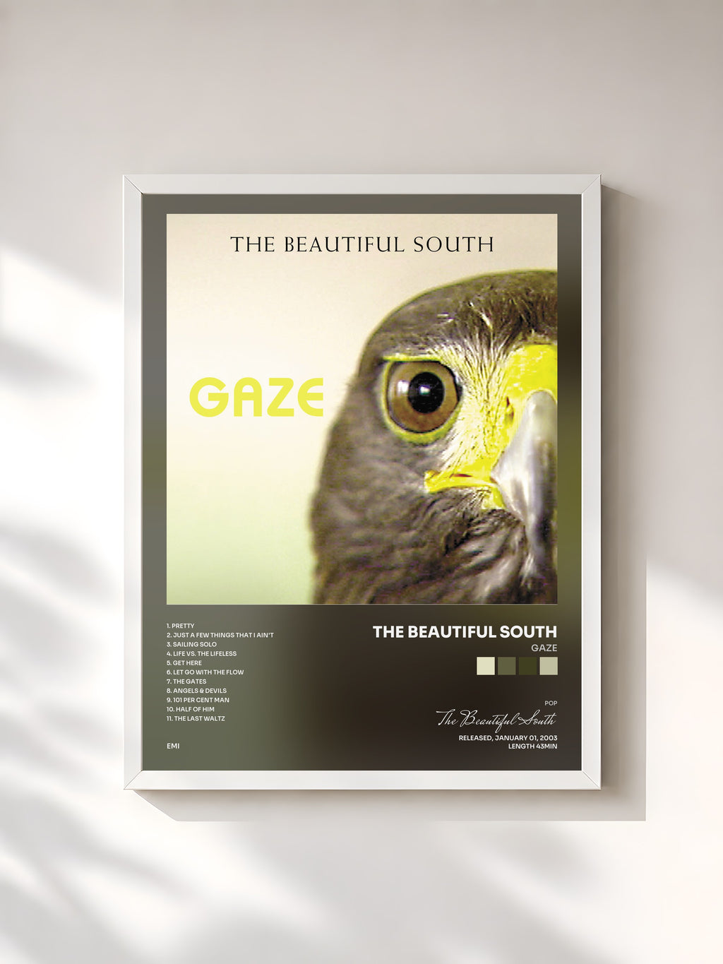 #blanc Tableau de l'album Gaze de The Beautiful South, cadre blanc, imprimé et encadré en France