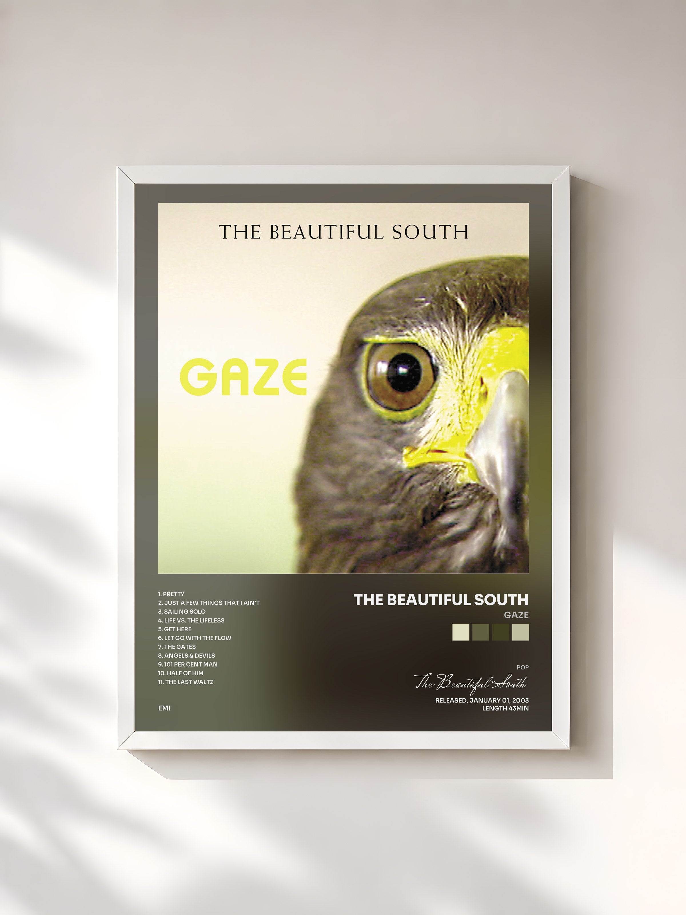#blanc Tableau de l'album Gaze de The Beautiful South, cadre blanc, imprimé et encadré en France