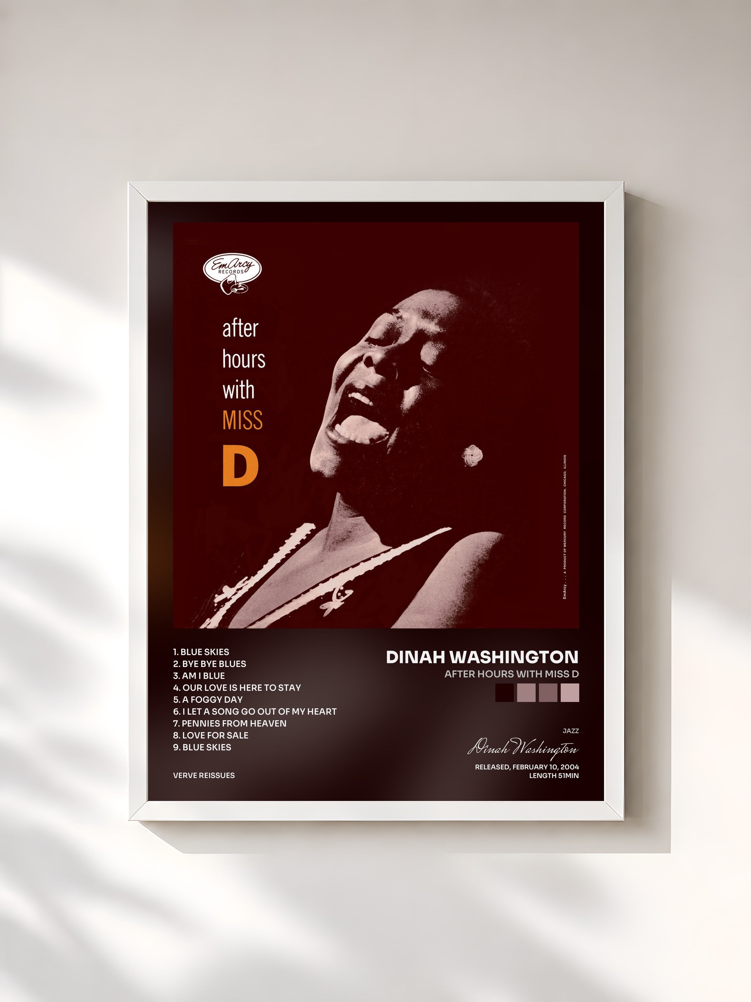 #blanc Tableau de l'album After Hours With Miss D de Dinah Washington, cadre blanc, imprimé et encadré en France
