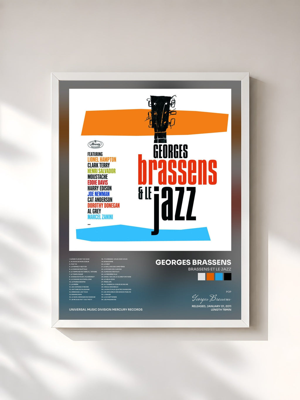 #blanc Tableau de l'album Brassens Et Le Jazz de Georges Brassens, cadre blanc, imprimé et encadré en France