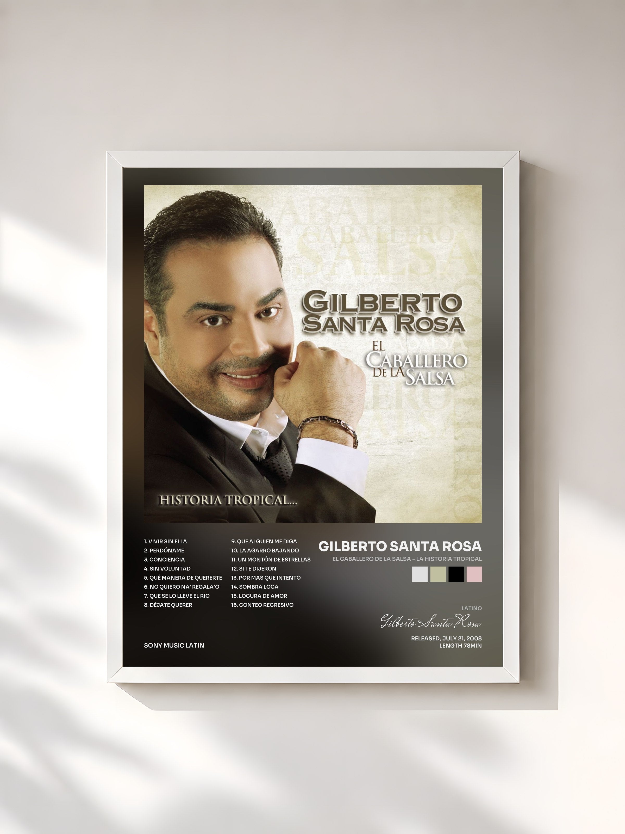 #blanc Tableau de l'album El Caballero De La Salsa - La Historia Tropical de Gilberto Santa Rosa, cadre blanc, imprimé et encadré en France