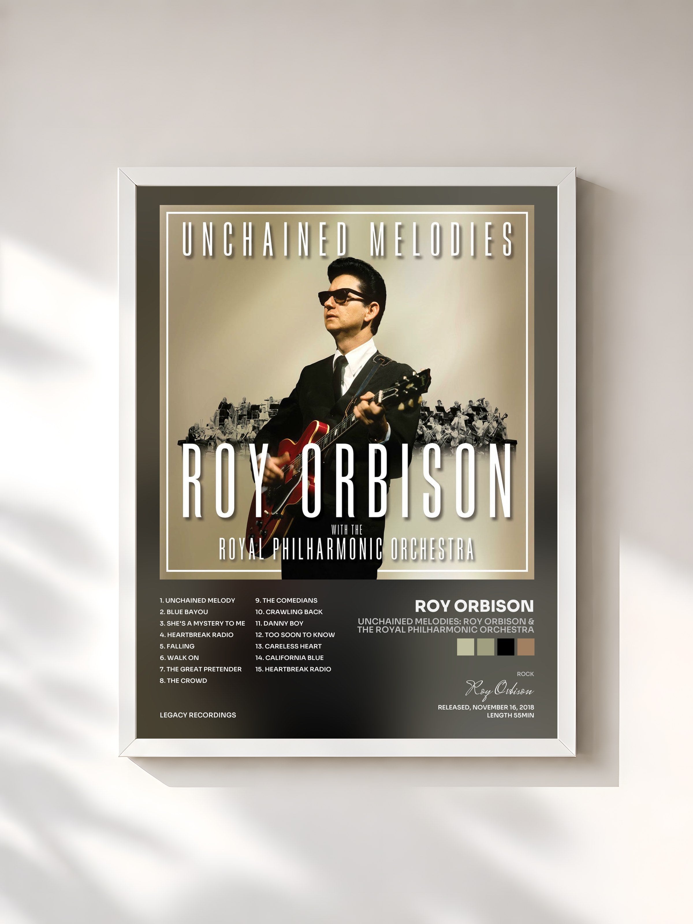 #blanc Tableau de l'album Unchained Melodies: Roy Orbison & The Royal Philharmonic Orchestra de Roy Orbison, cadre blanc, imprimé et encadré en France