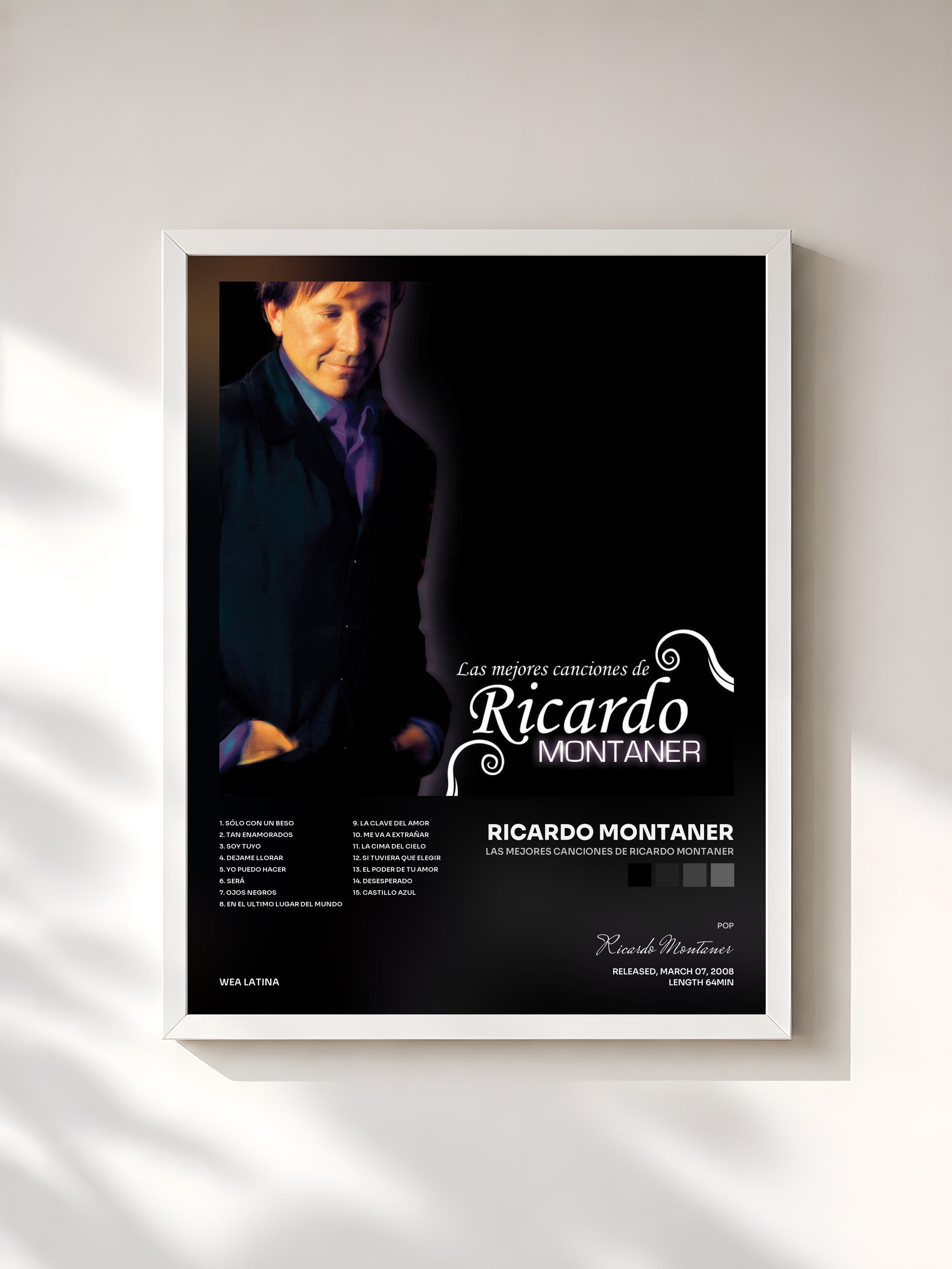 #blanc Tableau de l'album Las Mejores Canciones De Ricardo Montaner de Ricardo Montaner, cadre blanc, imprimé et encadré en France