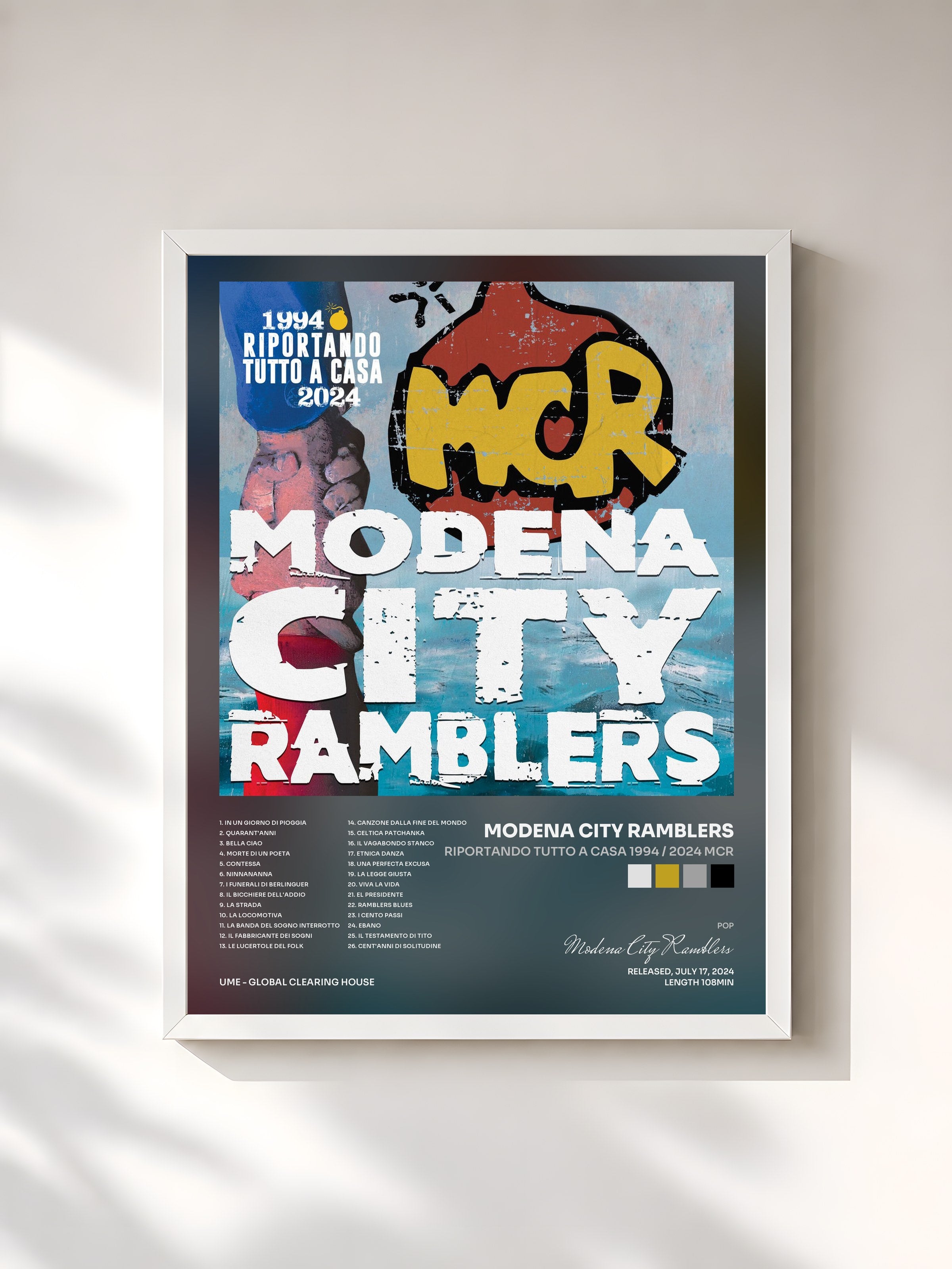 #blanc Tableau de l'album Riportando tutto a casa 1994 / 2024 MCR de Modena City Ramblers, cadre blanc, imprimé et encadré en France