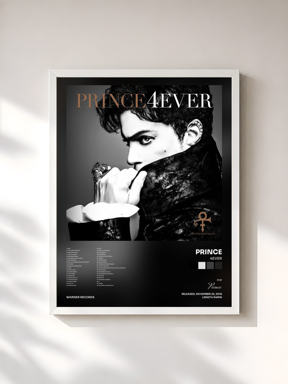 #blanc Tableau de l'album 4Ever de Prince, cadre blanc, imprimé et encadré en France