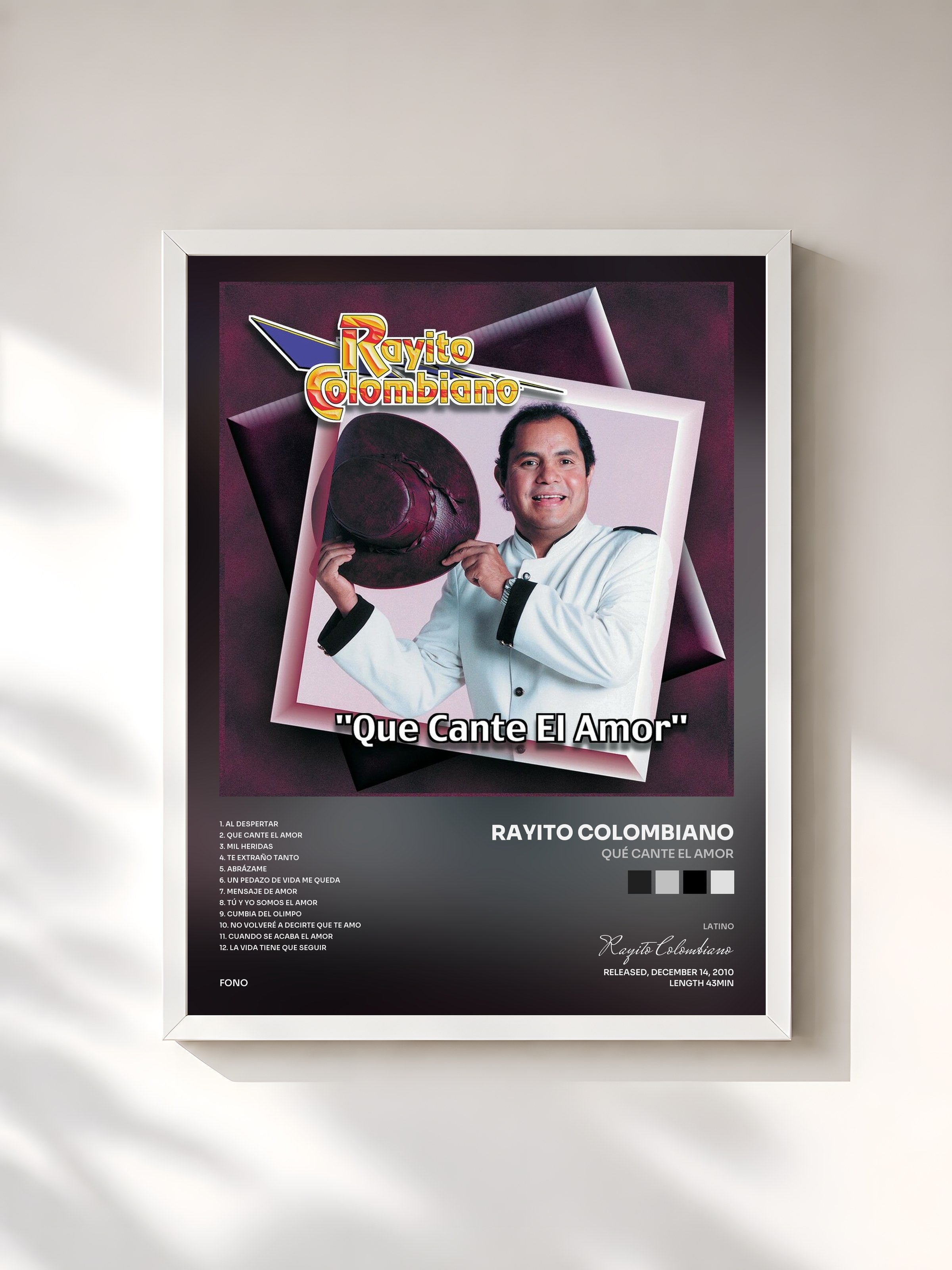 #blanc Tableau de l'album Qué Cante El Amor de Rayito Colombiano, cadre blanc, imprimé et encadré en France