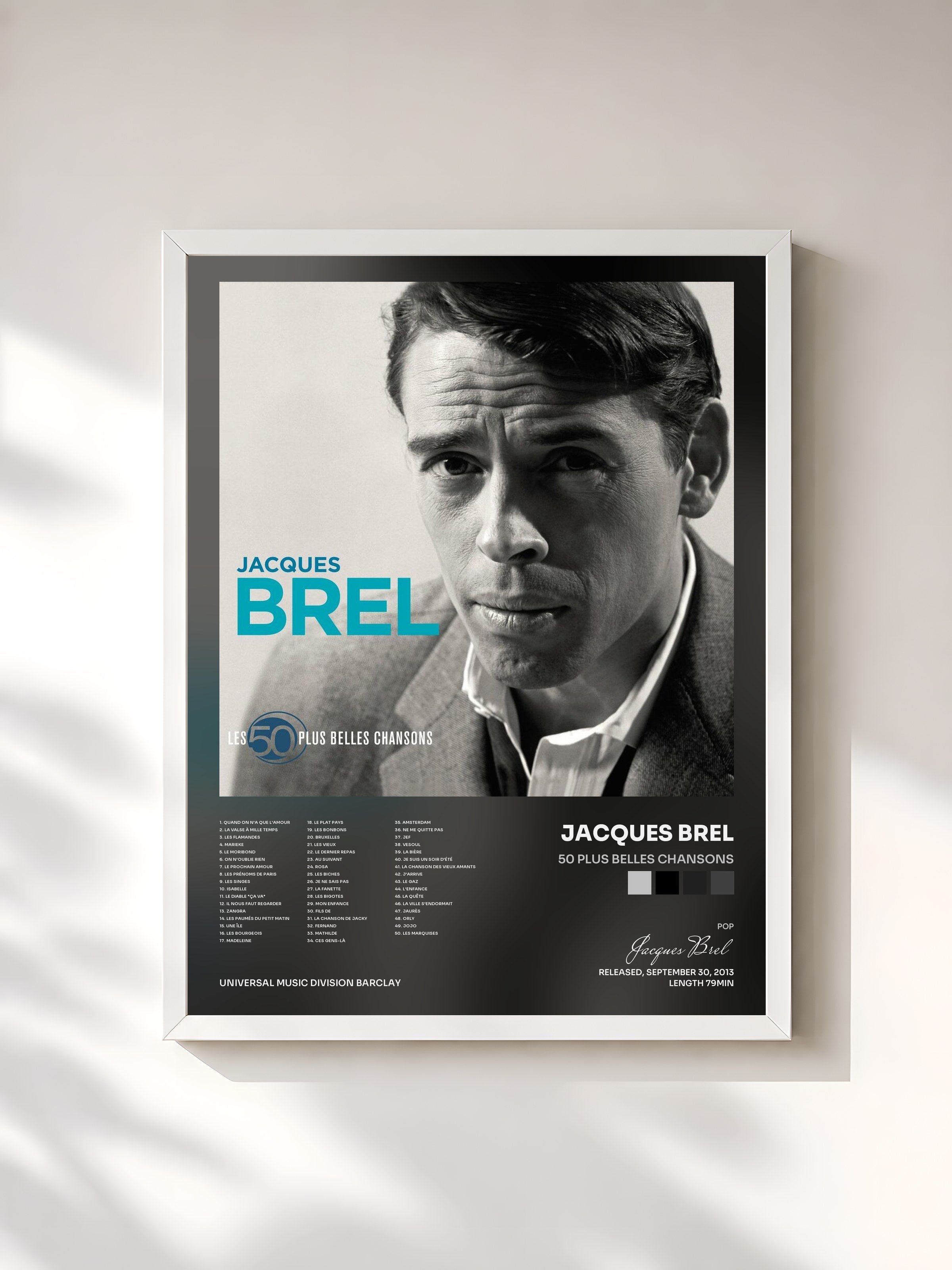 #blanc Tableau de l'album 50 Plus Belles Chansons de Jacques Brel, cadre blanc, imprimé et encadré en France