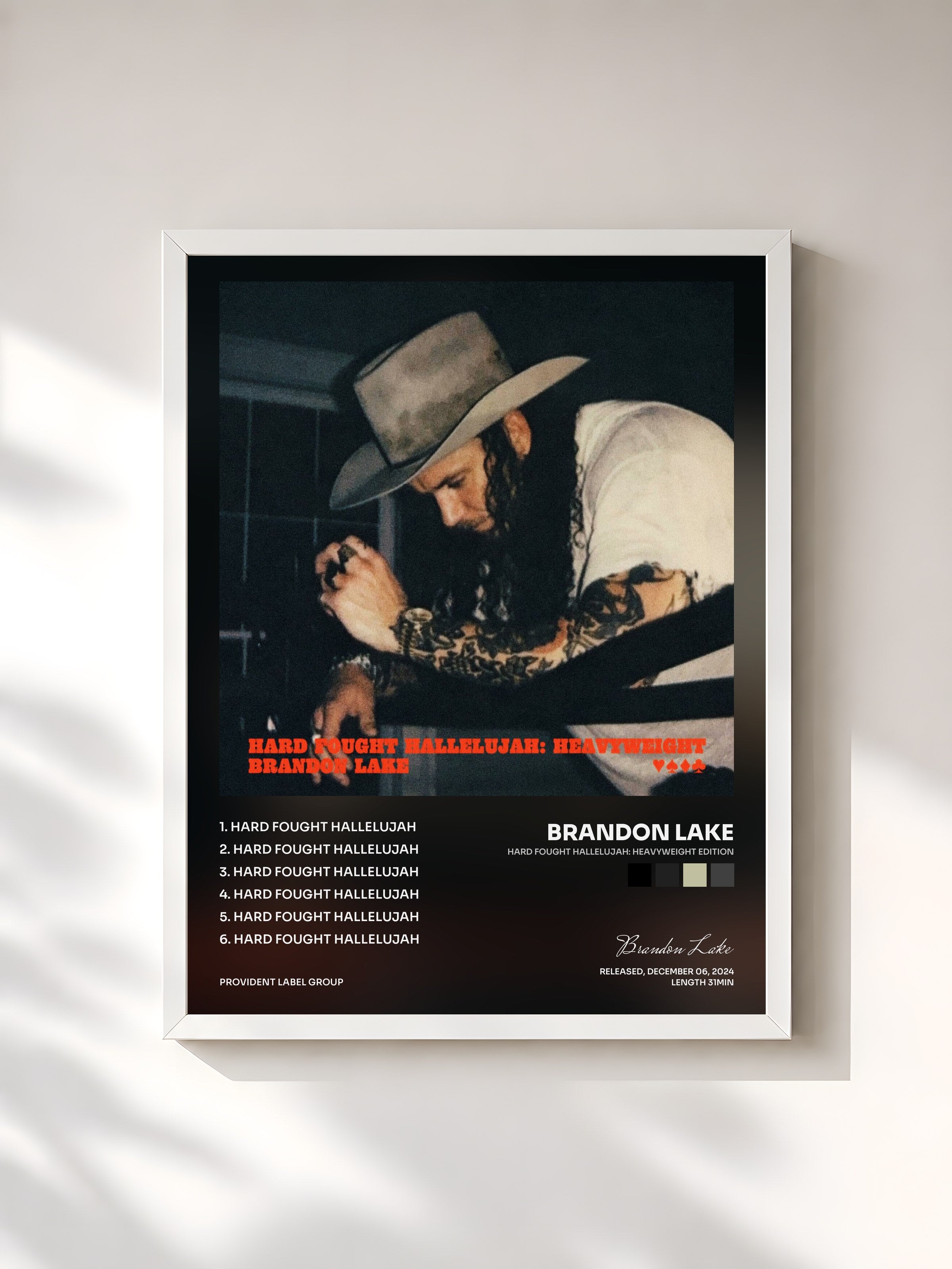 #blanc Tableau de l'album Hard Fought Hallelujah: Heavyweight Edition de Brandon Lake, cadre blanc, imprimé et encadré en France