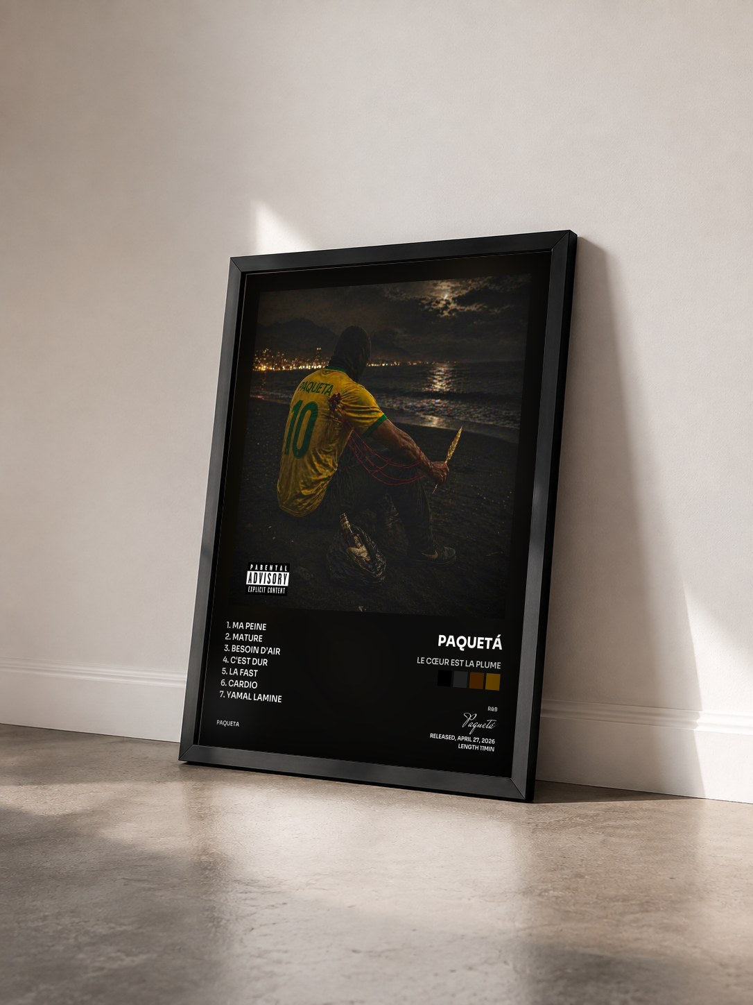 #noir Le cœur est la plume by Paquetá as a framed art print seen at an angle, black frame