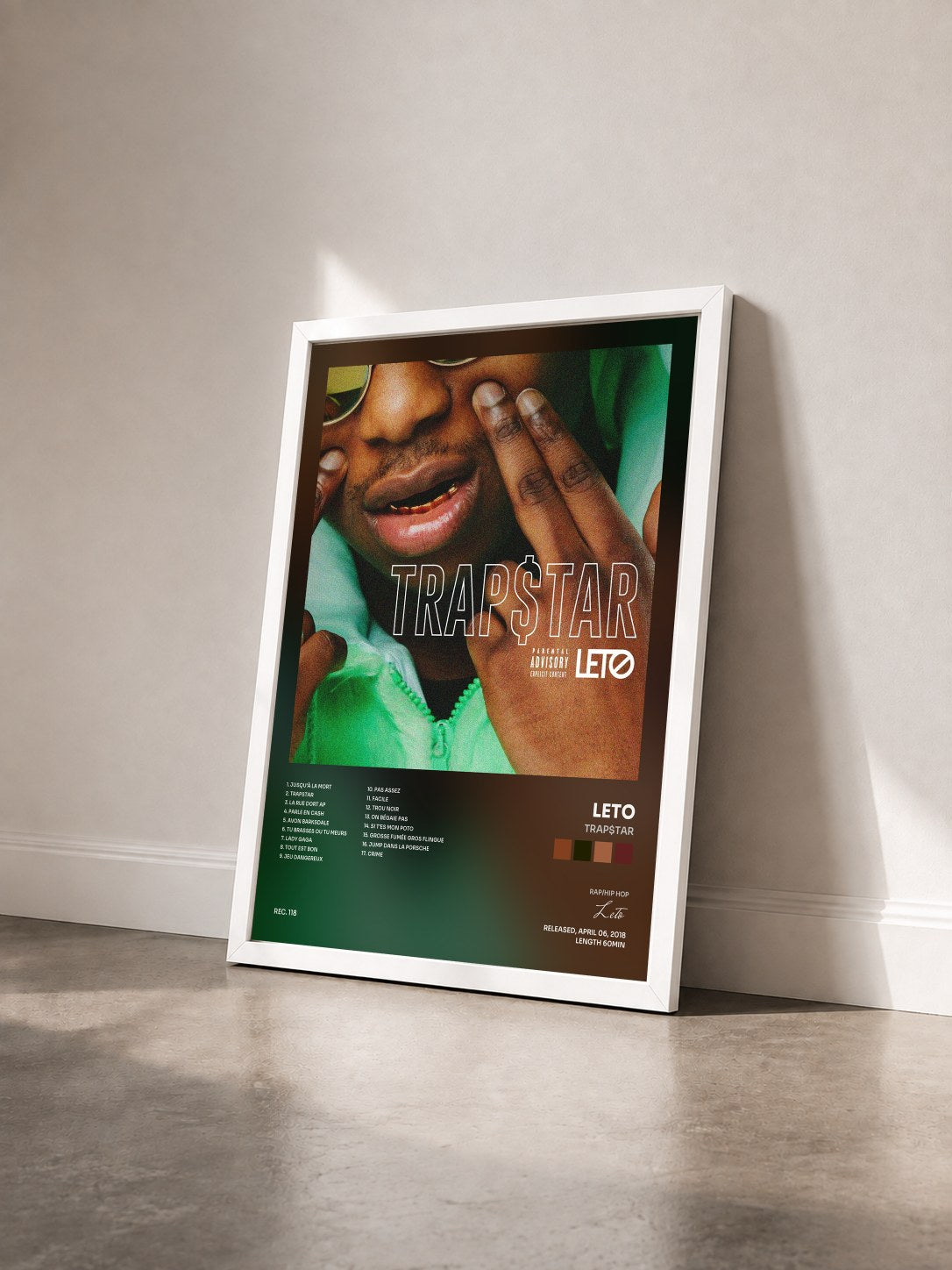 #blanc TRAP$TAR by Leto as a framed art print seen at an angle, white frame