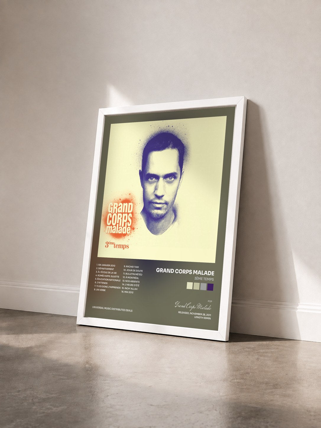 #blanc Tableau de l'album 3ème temps de Grand Corps Malade vu de trois quarts, cadre blanc