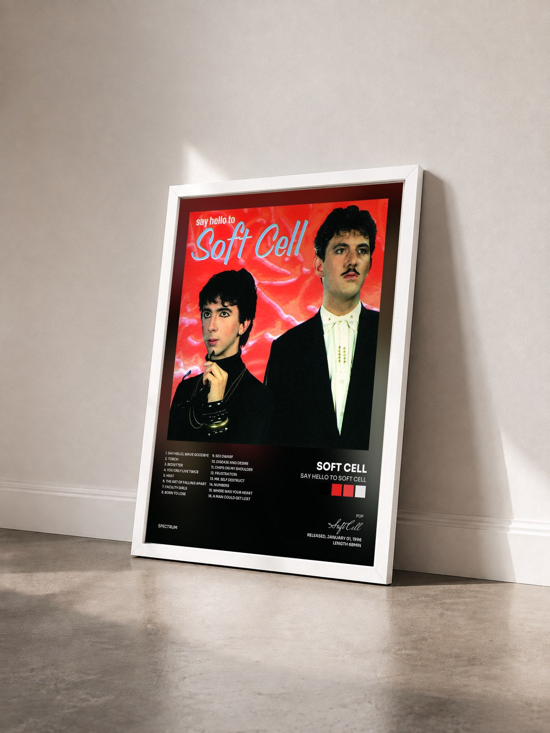 #blanc Say Hello To Soft Cell von Soft Cell als gerahmter Kunstdruck von schräg gesehen, weißer Rahmen