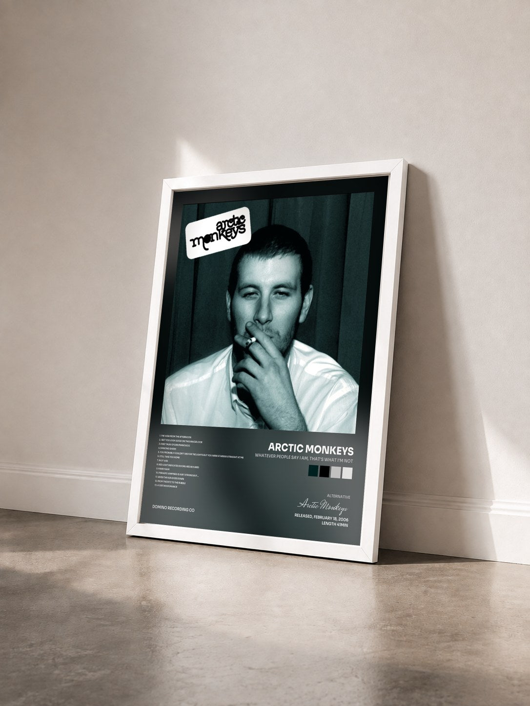 #blanc Whatever People Say I Am, That's What I'm Not di Arctic Monkeys in stampa incorniciata vista di tre quarti, cornice bianca