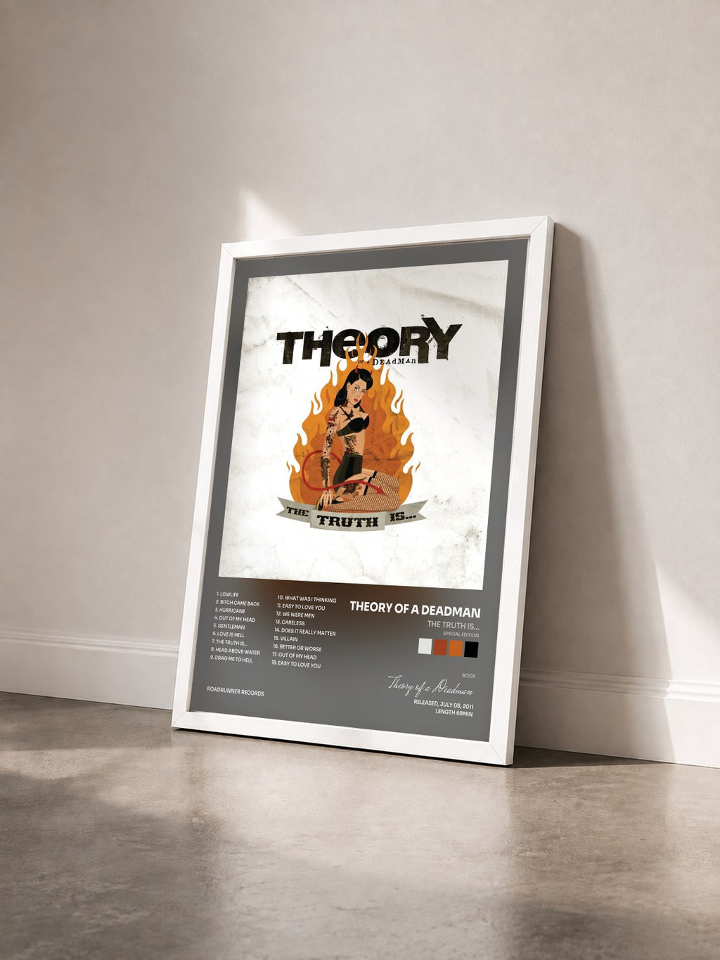 #blanc The Truth Is... (Special Edition) de Theory of a Deadman en lámina enmarcada vista de tres cuartos, marco blanco