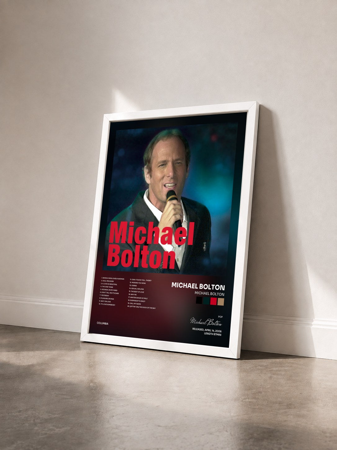 #blanc Michael Bolton de Michael Bolton en lámina enmarcada vista de tres cuartos, marco blanco