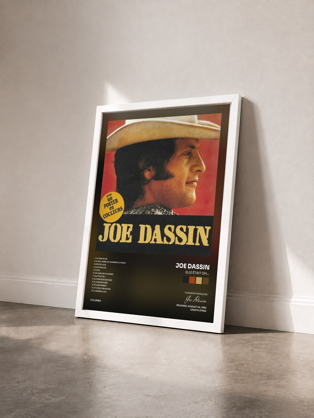 #blanc Tableau de l'album Elle Était Oh... de Joe Dassin vu de trois quarts, cadre blanc