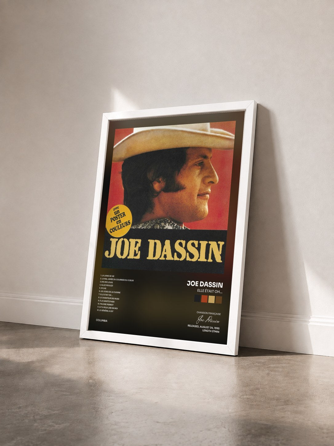 #blanc Tableau de l'album Elle Était Oh... de Joe Dassin vu de trois quarts, cadre blanc