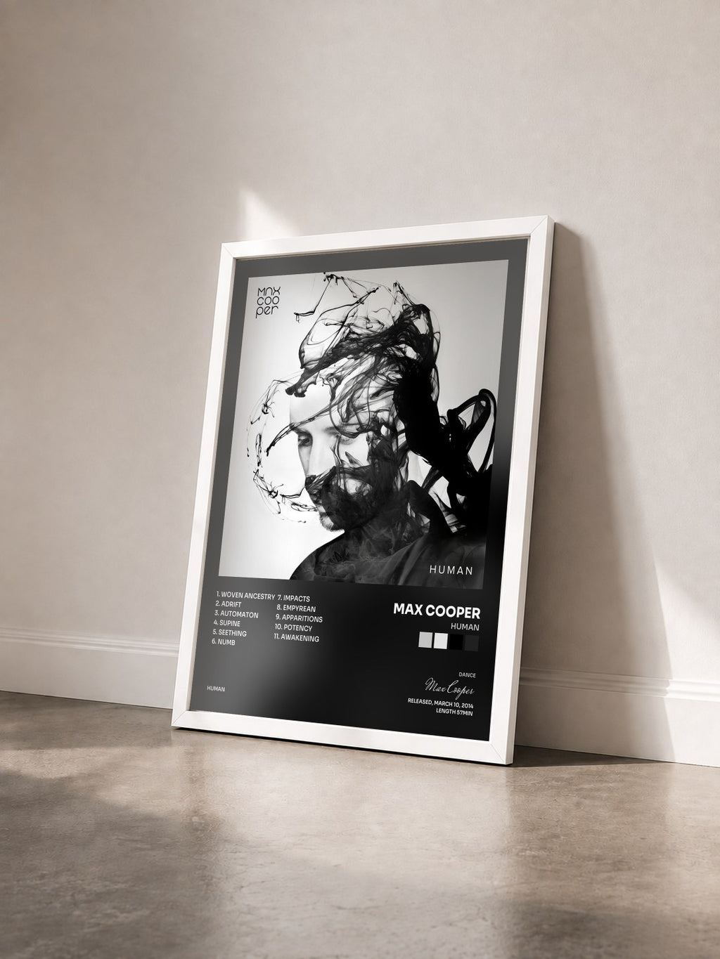 #blanc Human by Max Cooper as a framed art print seen at an angle, white frame