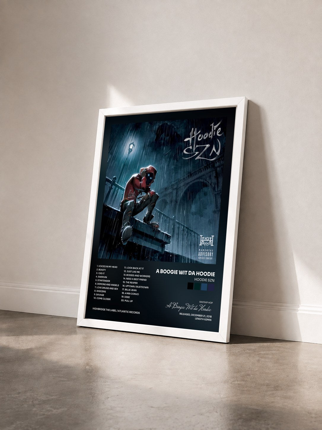 #blanc Hoodie SZN by A Boogie Wit da Hoodie as a framed art print seen at an angle, white frame
