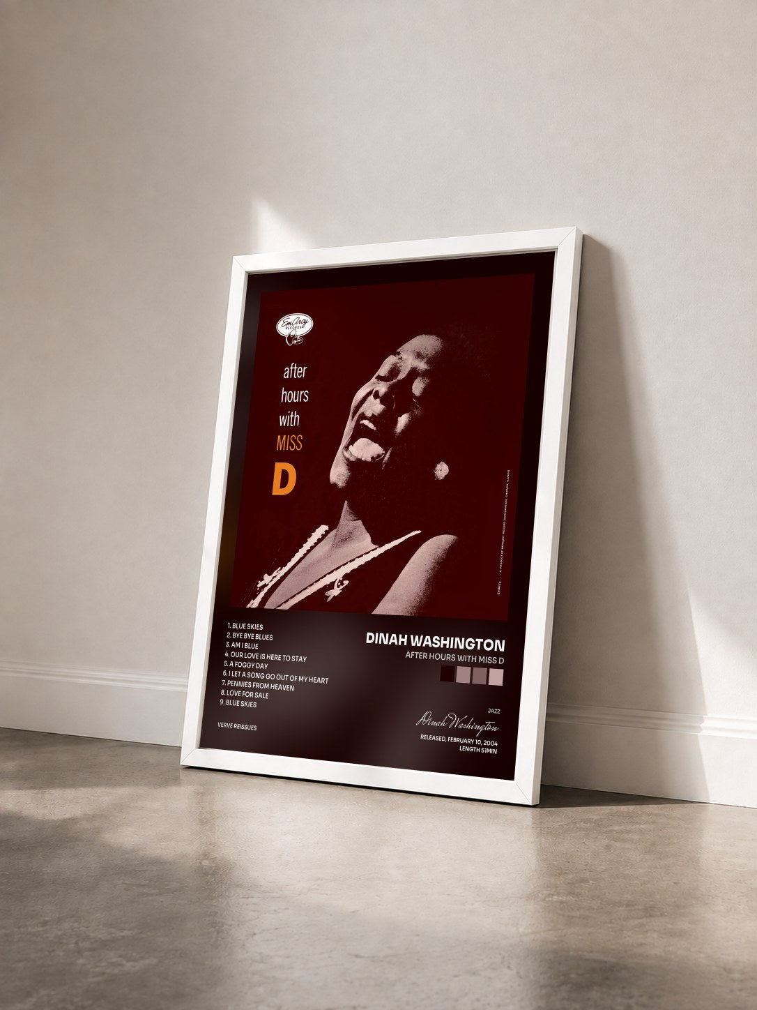 #blanc Tableau de l'album After Hours With Miss D de Dinah Washington vu de trois quarts, cadre blanc