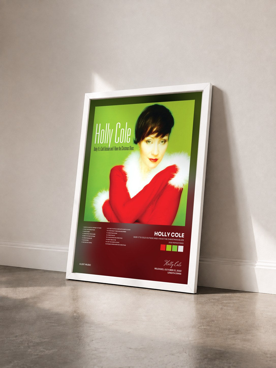 #blanc Tableau de l'album Baby It's Cold Outside And I Have The Christmas Blues (2022 Remastered) de Holly Cole vu de trois quarts, cadre blanc