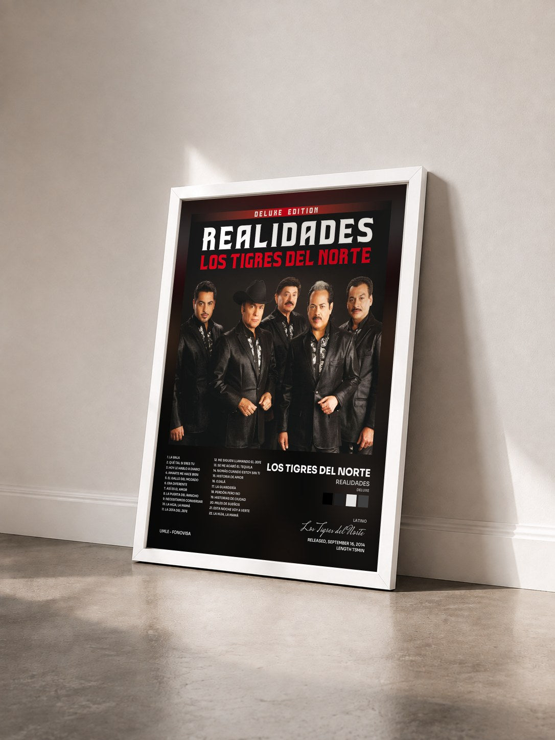 #blanc Tableau de l'album Realidades (Deluxe) de Los Tigres del Norte vu de trois quarts, cadre blanc
