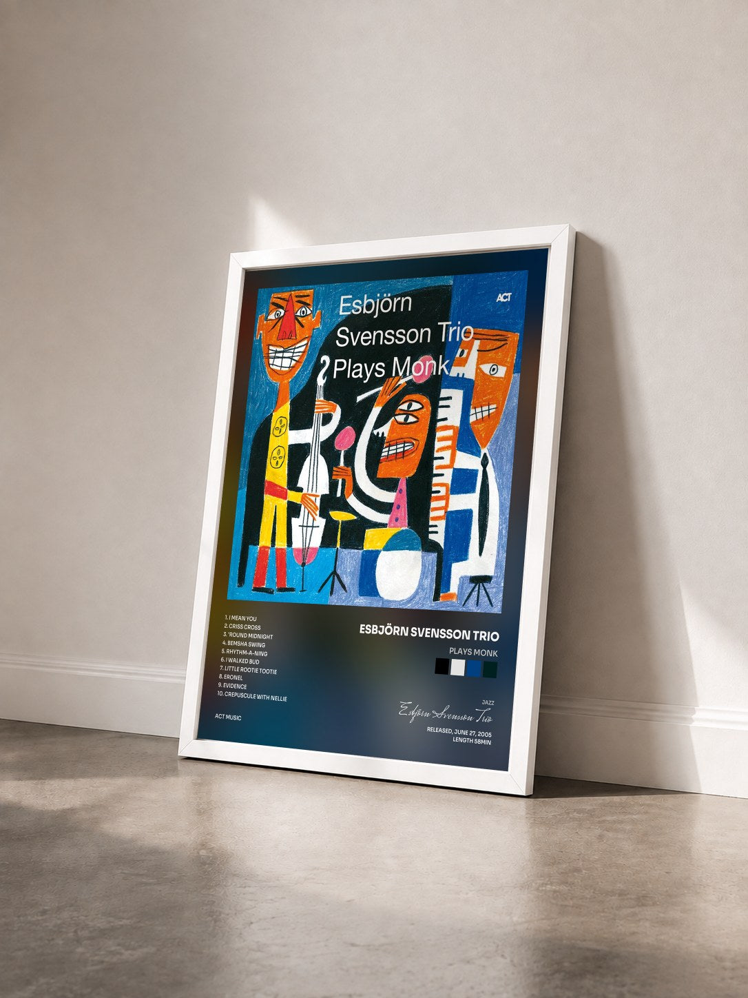 #blanc Tableau de l'album Plays Monk de Esbjörn Svensson Trio vu de trois quarts, cadre blanc