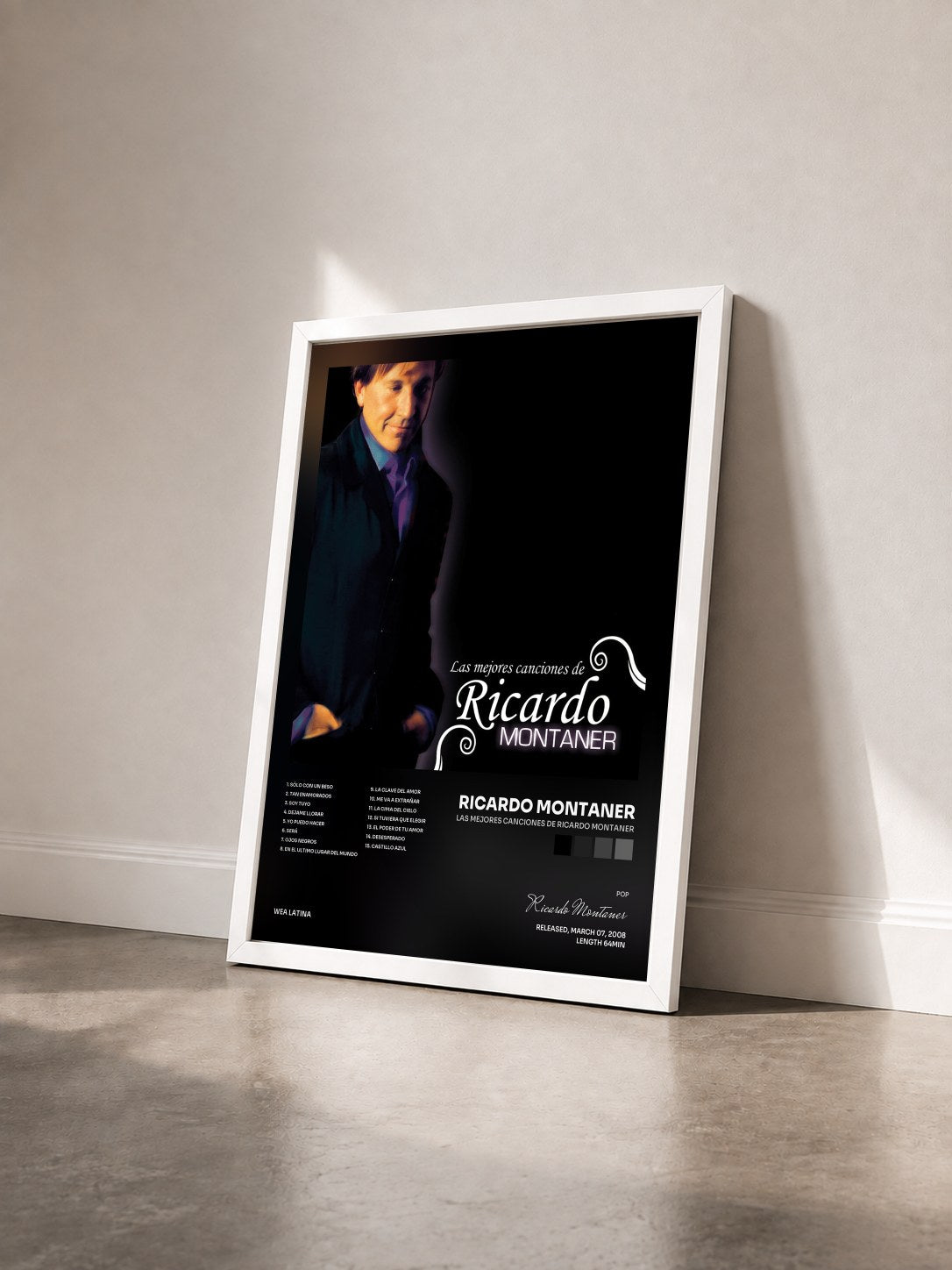 #blanc Tableau de l'album Las Mejores Canciones De Ricardo Montaner de Ricardo Montaner vu de trois quarts, cadre blanc