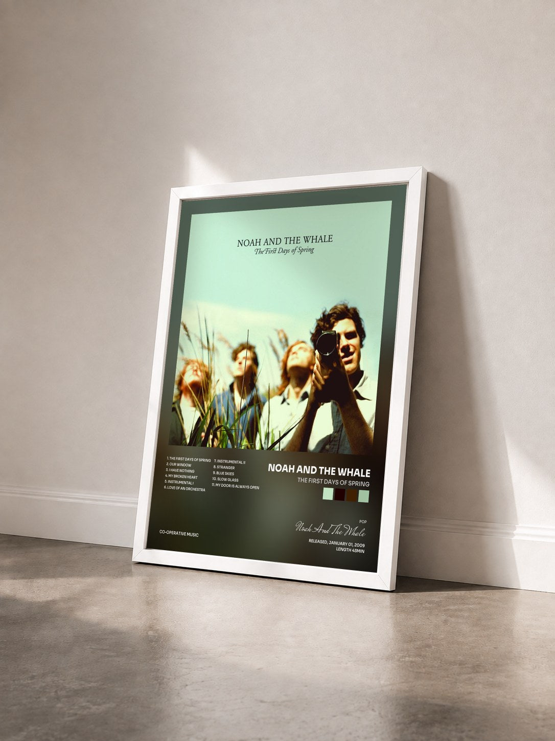 #blanc Tableau de l'album The First Days Of Spring de Noah And The Whale vu de trois quarts, cadre blanc