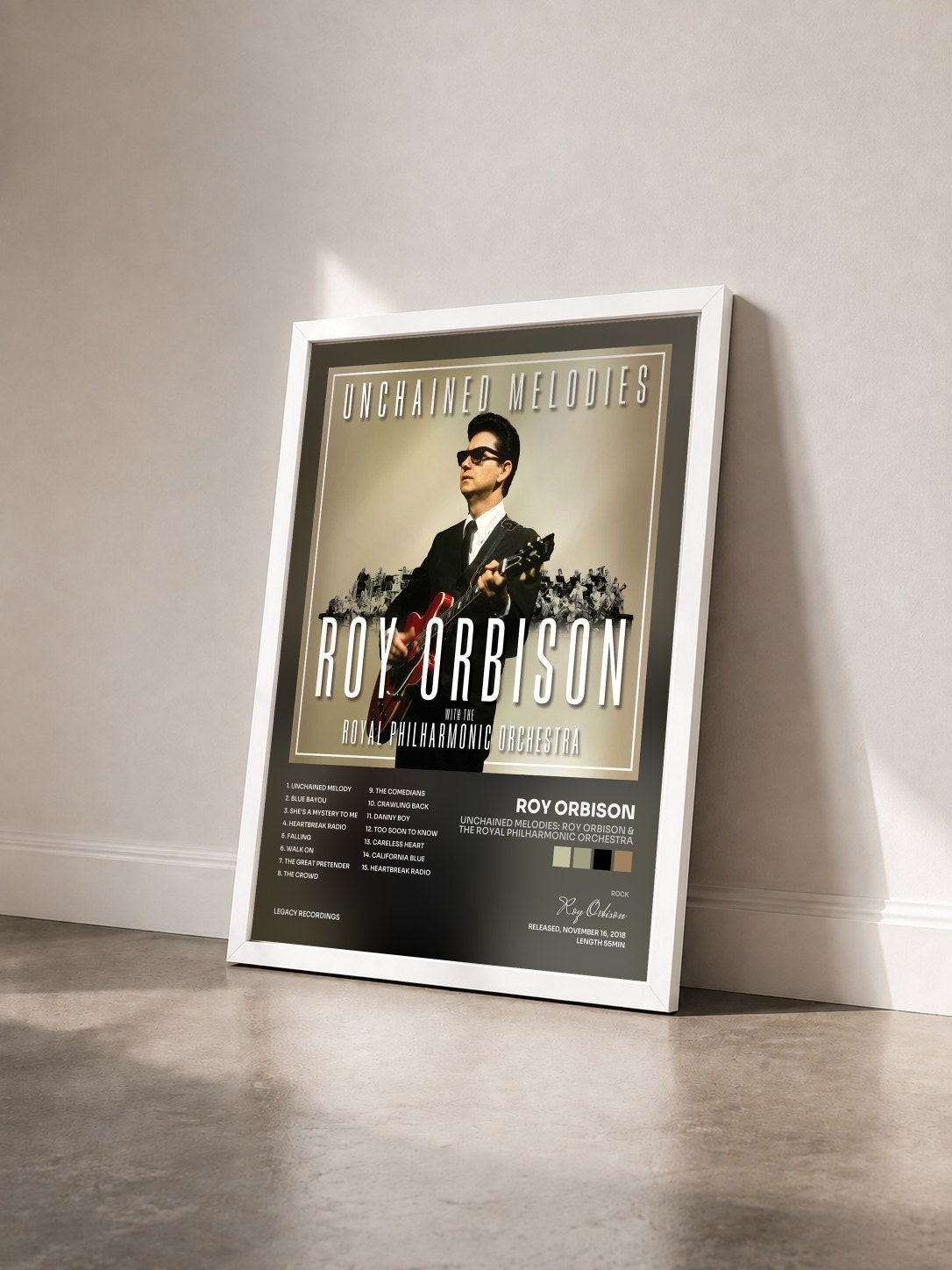 #blanc Tableau de l'album Unchained Melodies: Roy Orbison & The Royal Philharmonic Orchestra de Roy Orbison vu de trois quarts, cadre blanc