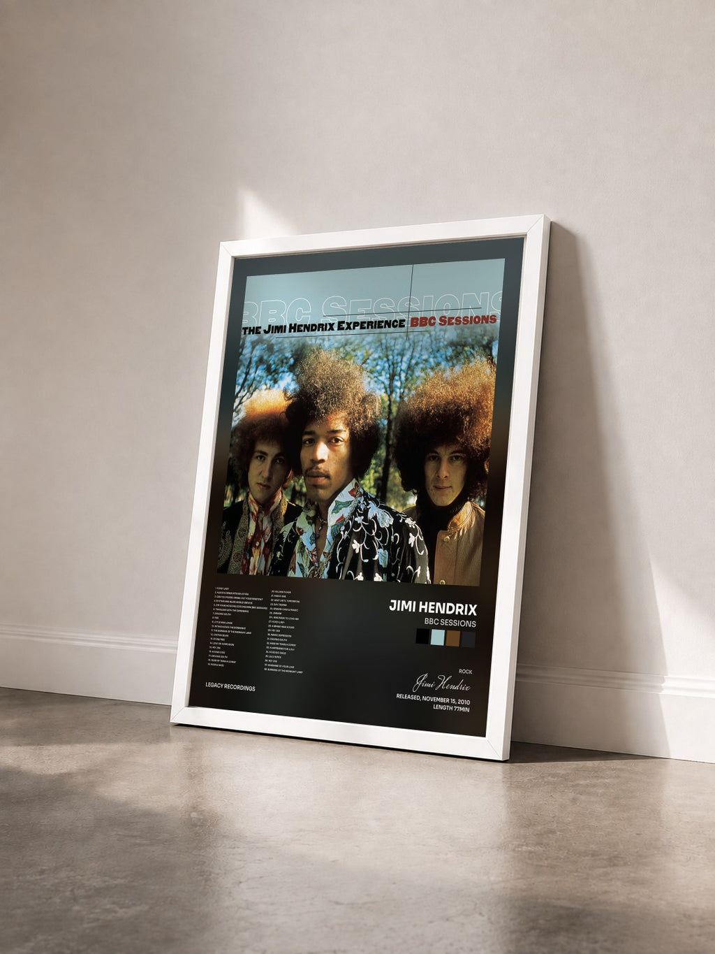 #blanc BBC Sessions von Jimi Hendrix als gerahmter Kunstdruck von schräg gesehen, weißer Rahmen