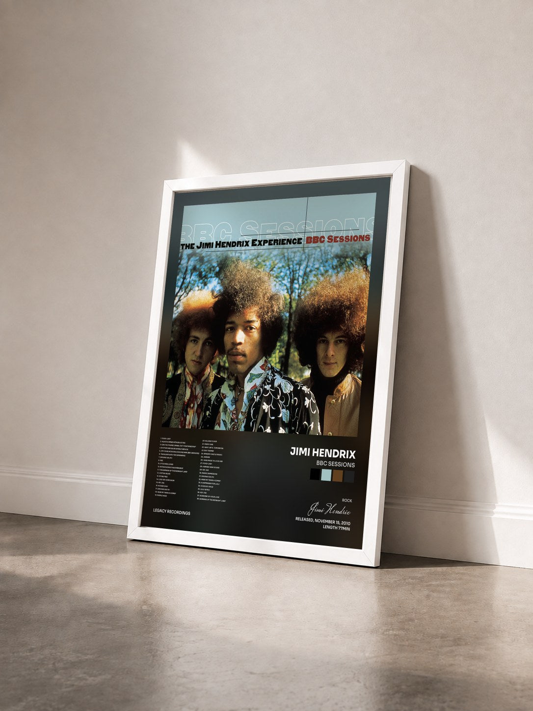 #blanc Tableau de l'album BBC Sessions de Jimi Hendrix vu de trois quarts, cadre blanc