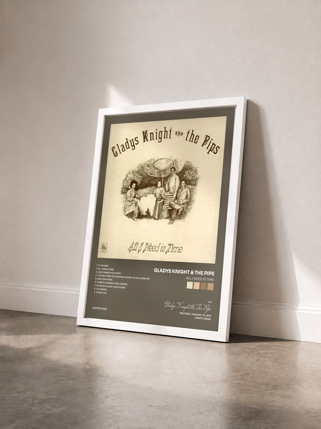 #blanc Tableau de l'album All I Need Is Time de Gladys Knight & The Pips vu de trois quarts, cadre blanc