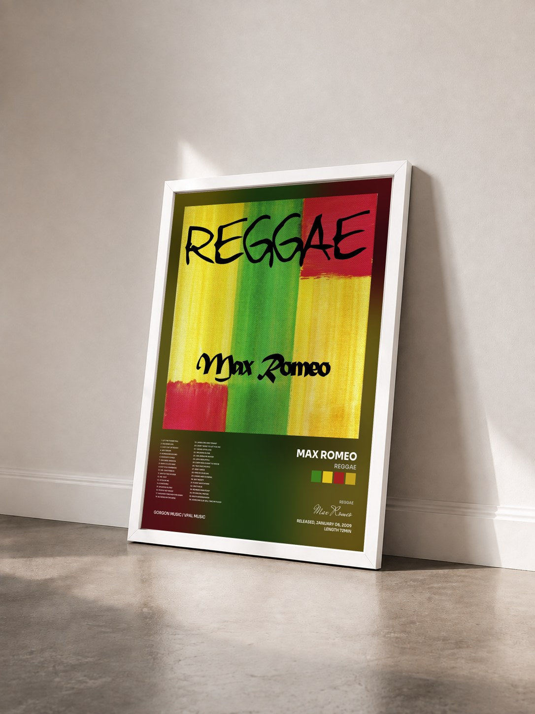 #blanc Tableau de l'album Reggae de Max Romeo vu de trois quarts, cadre blanc