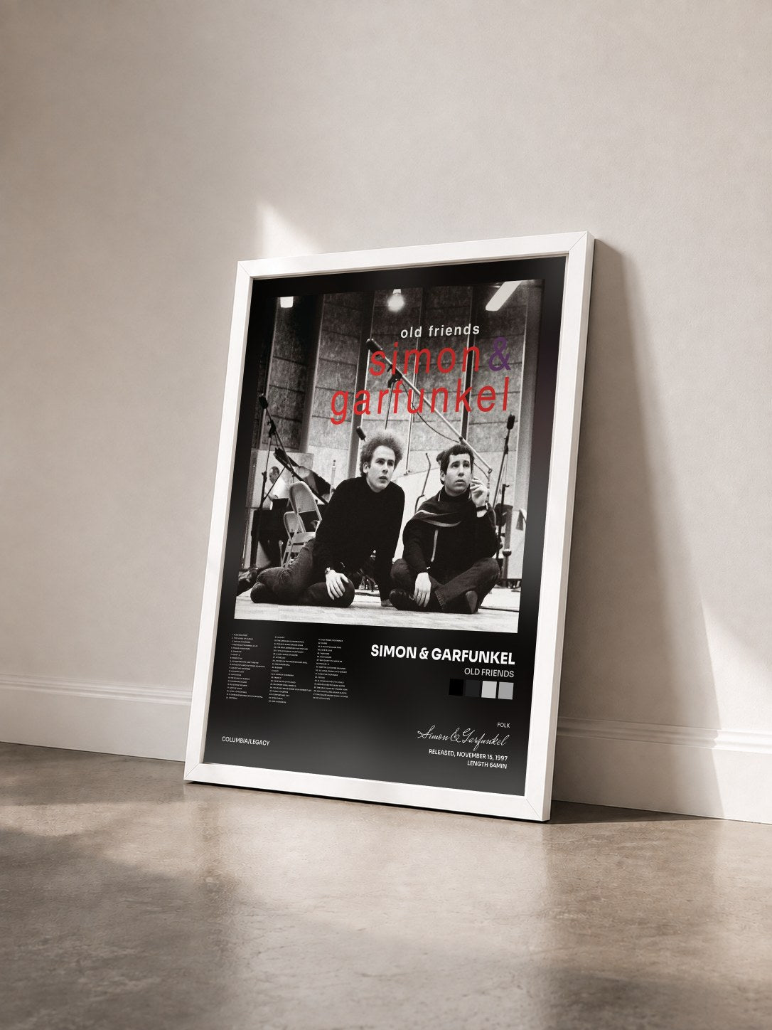 #blanc Tableau de l'album Old Friends de Simon & Garfunkel vu de trois quarts, cadre blanc
