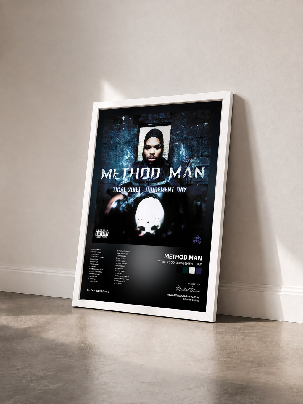 #blanc Tical 2000: Judgement Day von Method Man als gerahmter Kunstdruck von schräg gesehen, weißer Rahmen