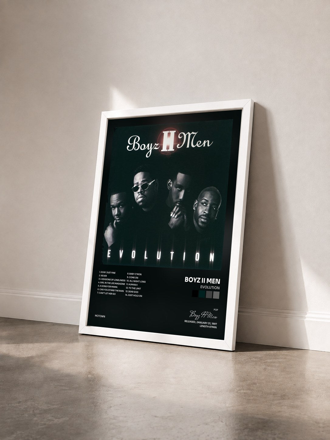 #blanc Tableau de l'album Evolution de Boyz II Men vu de trois quarts, cadre blanc