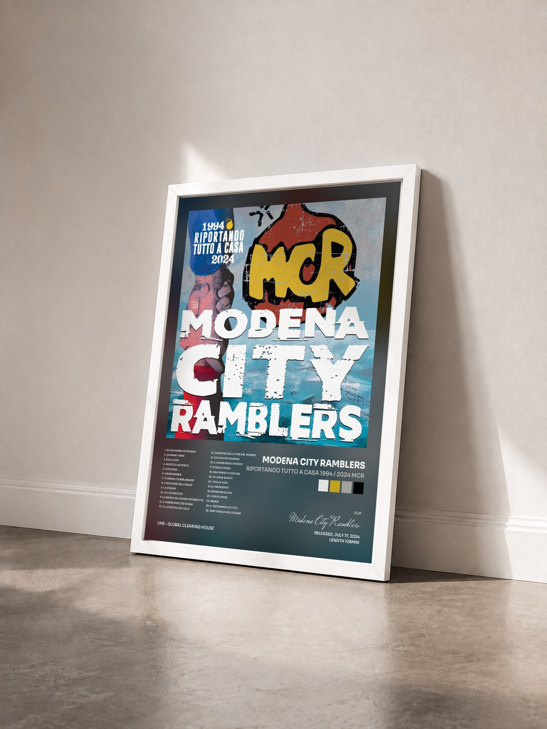 #blanc Tableau de l'album Riportando tutto a casa 1994 / 2024 MCR de Modena City Ramblers vu de trois quarts, cadre blanc