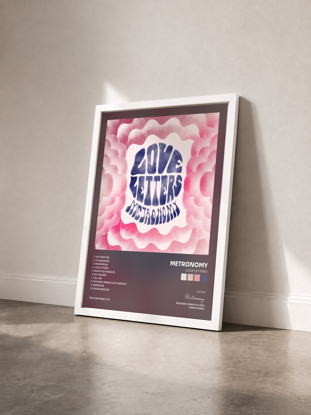 #blanc Tableau de l'album Love Letters de Metronomy vu de trois quarts, cadre blanc