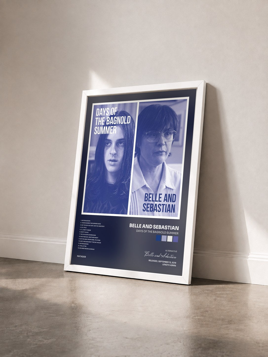 #blanc Tableau de l'album Days of the Bagnold Summer de Belle and Sebastian vu de trois quarts, cadre blanc