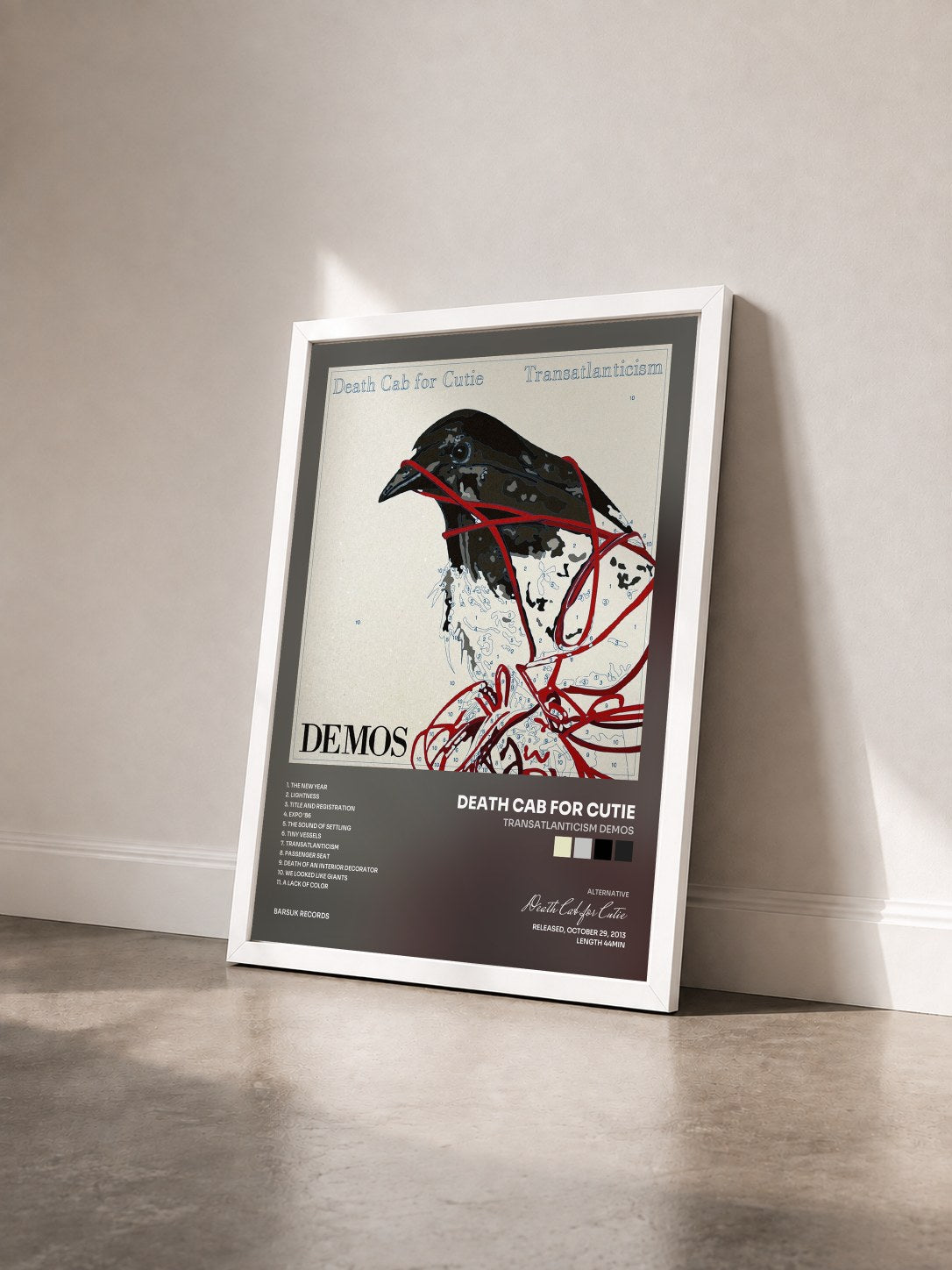 #blanc Tableau de l'album Transatlanticism Demos de Death Cab for Cutie vu de trois quarts, cadre blanc